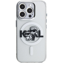 Karl Lagerfeld IML Glitter Karl and Choupette Sketch třpytivý kryt s MagSafe pro iPhone 15 Pro - stříbrný