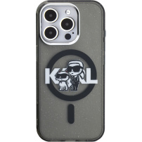 Karl Lagerfeld IML Glitter Karl and Choupette Sketch třpytivý kryt s MagSafe pro iPhone 15 Pro Max - šedý