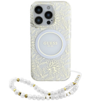 Guess IML Flowers Allover Strap kryt s poutkem a MagSafe pro iPhone 16 Pro Max - bílý