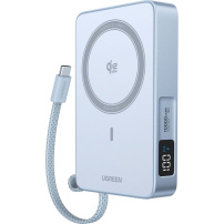 UGREEN MagFlow bezdrátová MagSafe powerbanka s integrovaným kabelem USB-C a portem USB-C - 10 000 mAh - modrá
