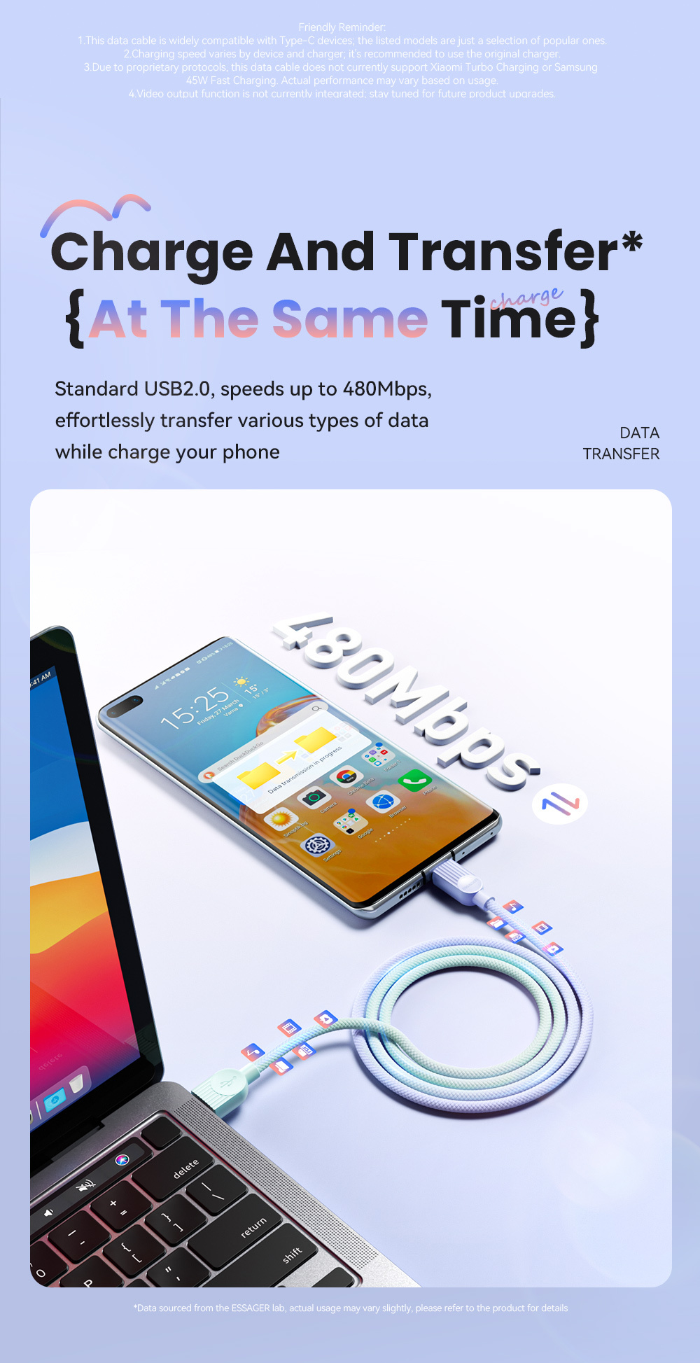 ESSAGER ES-X73 opletený nabíjecí a datový kabel - USB-A na USB-C - 2 m - zelenorůžový