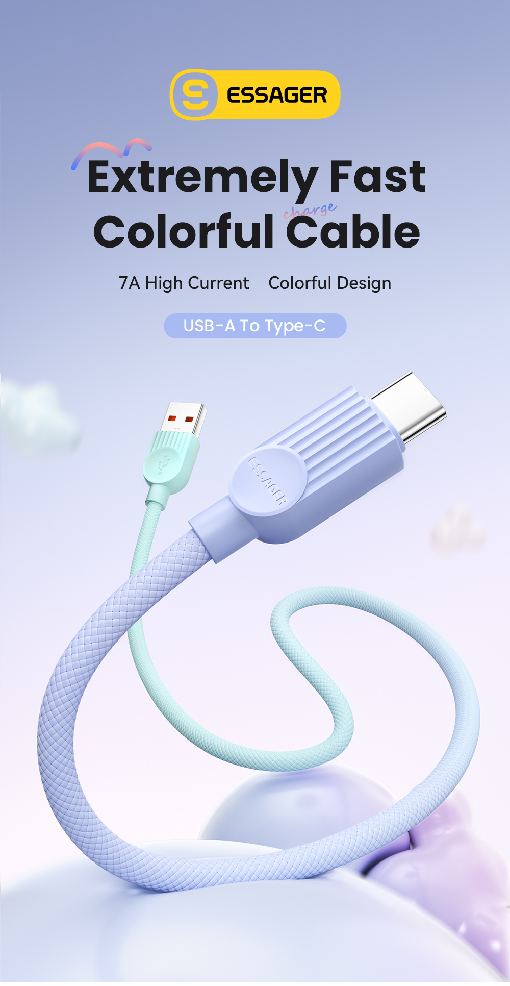 ESSAGER ES-X73 opletený nabíjecí a datový kabel - USB-A na USB-C - 1 m - mentolovofialový