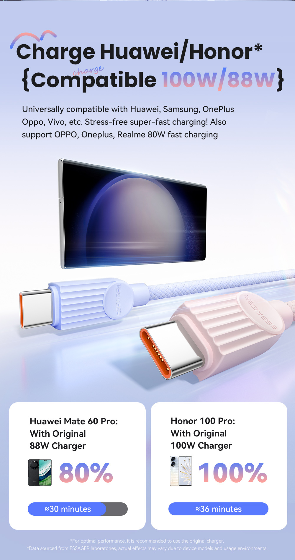 ESSAGER ES-X73 opletený nabíjecí a datový kabel - USB-A na USB-C - 1 m - mentolovofialový