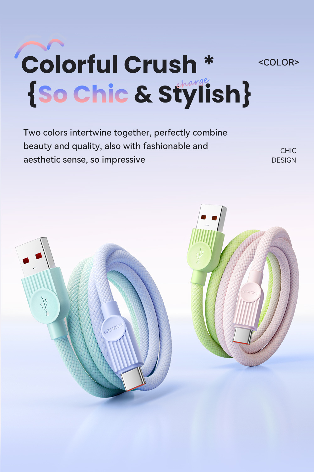 ESSAGER ES-X73 opletený nabíjecí a datový kabel - USB-A na USB-C - 1 m - mentolovofialový