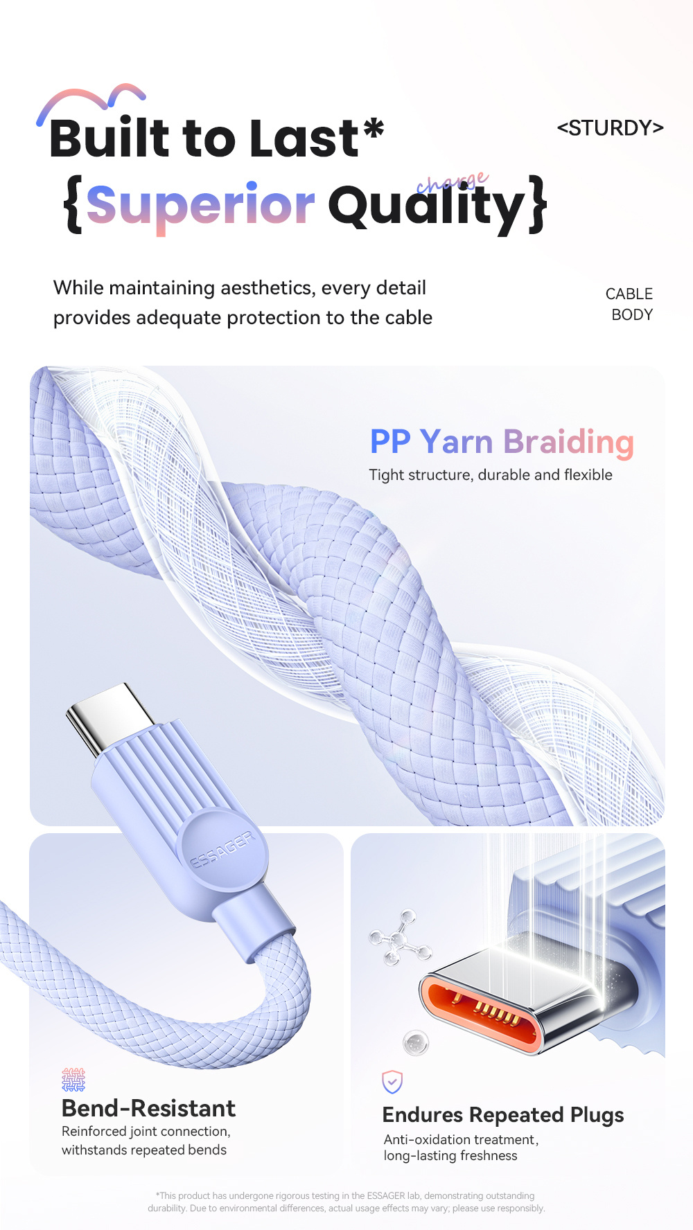 ESSAGER ES-X73 opletený nabíjecí a datový kabel - USB-A na USB-C - 1 m - mentolovofialový