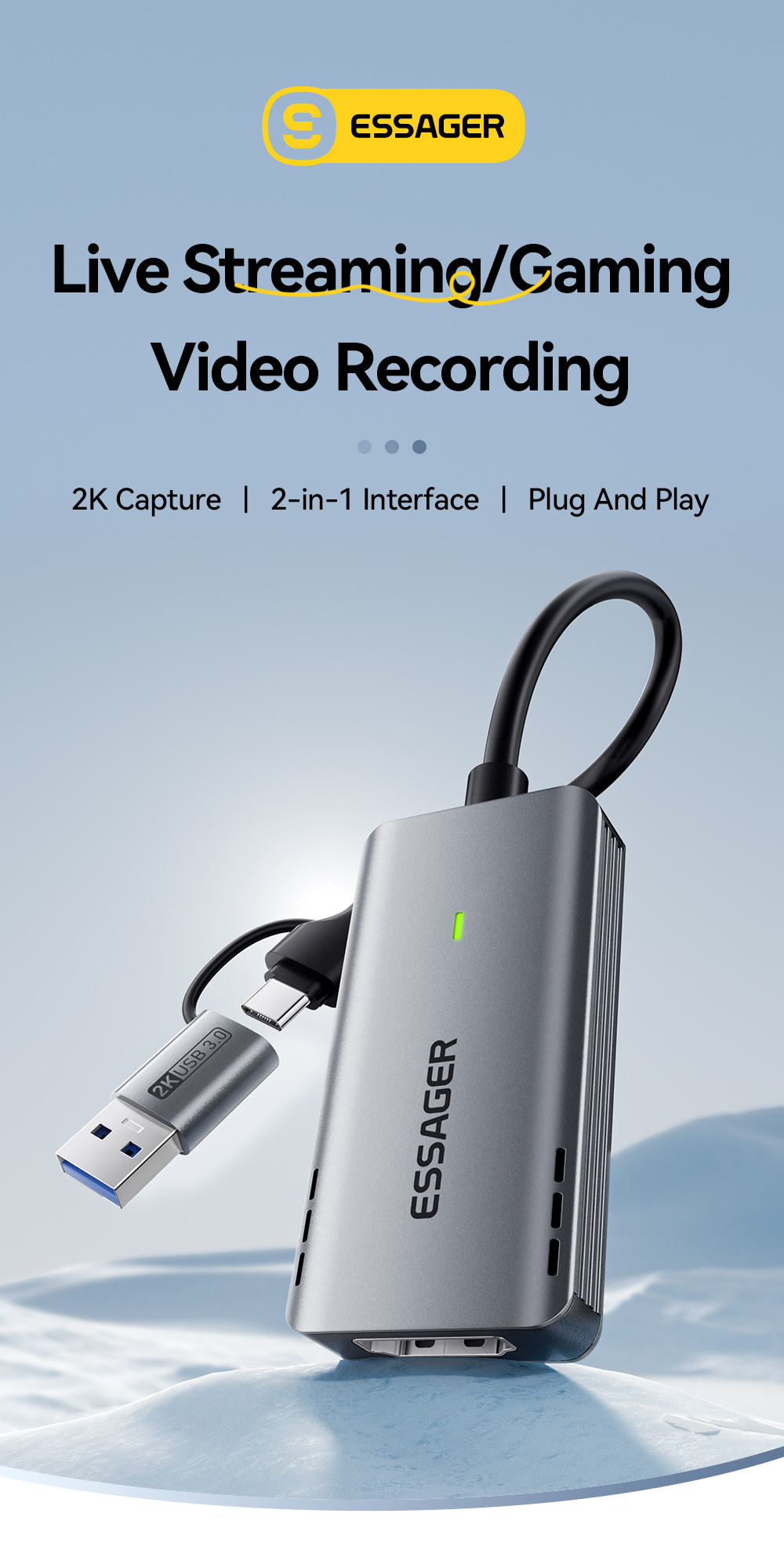 ESSAGER ES-CJK01 2v1 video redukce - HDMI na USB-C / USB-A - tmavě šedá