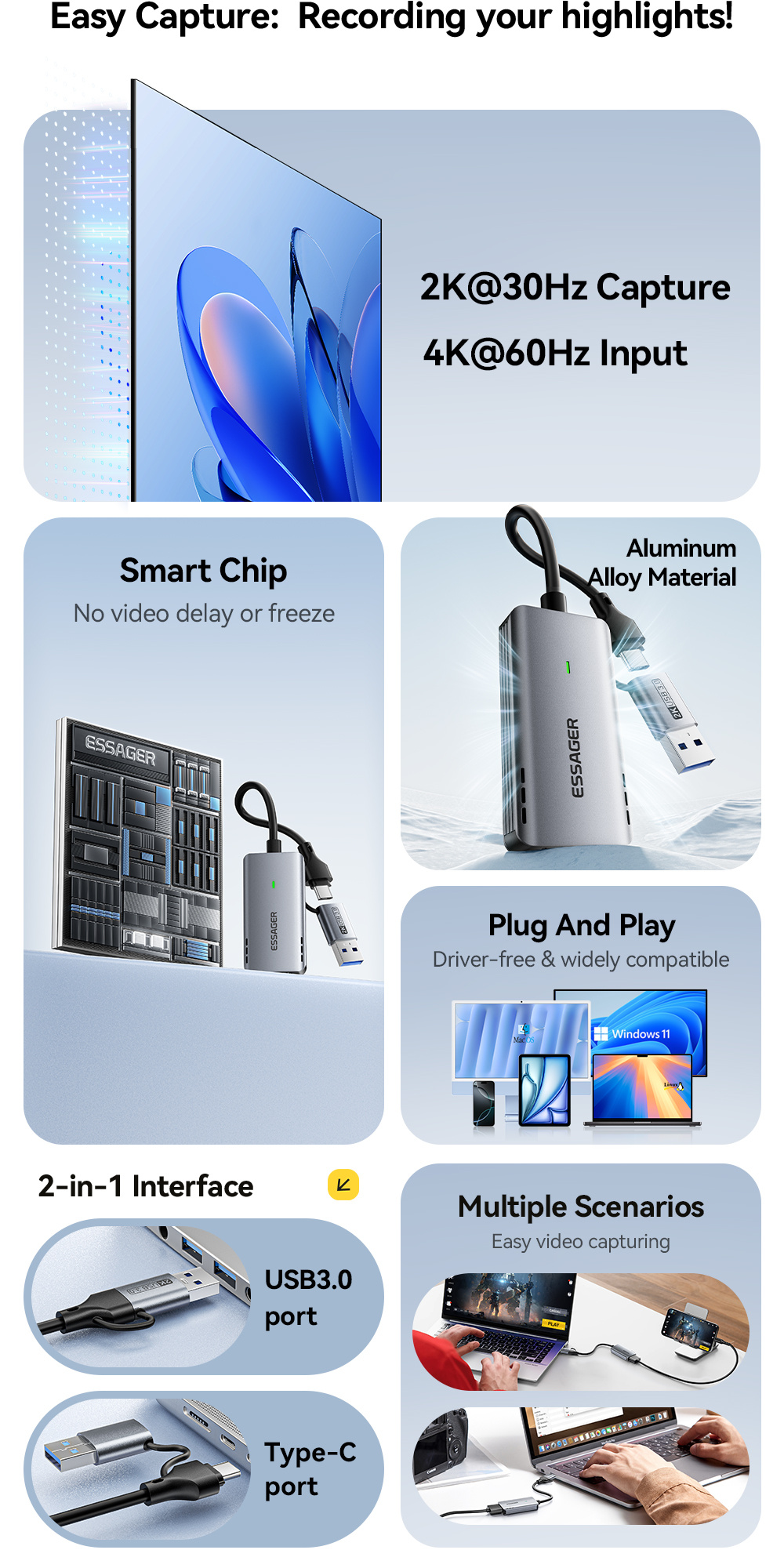 ESSAGER ES-CJK01 2v1 video redukce - HDMI na USB-C / USB-A - tmavě šedá