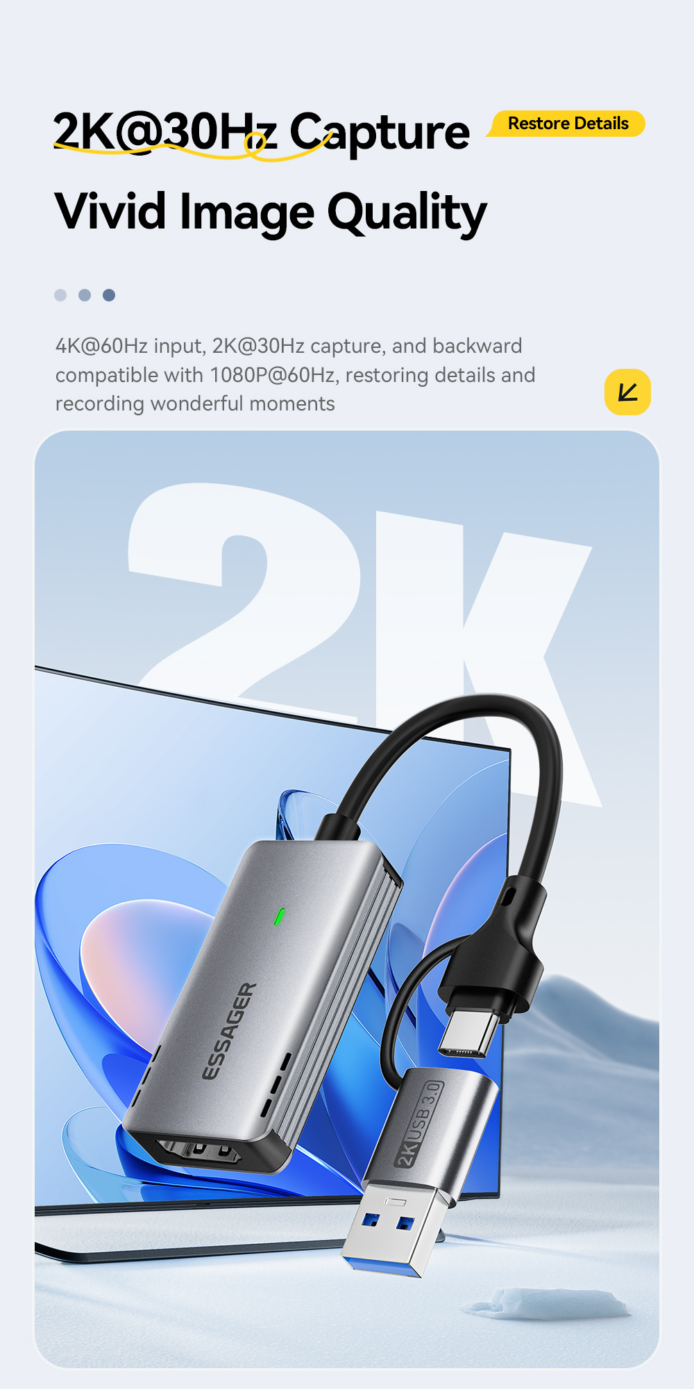 ESSAGER ES-CJK01 2v1 video redukce - HDMI na USB-C / USB-A - tmavě šedá