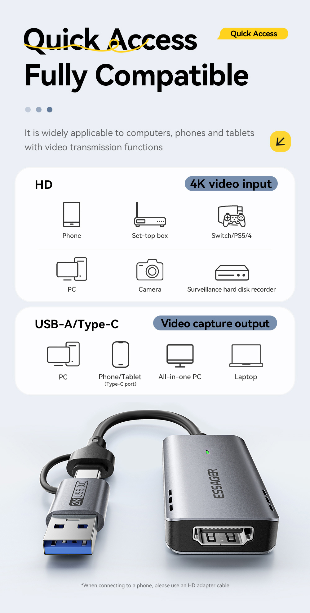 ESSAGER ES-CJK01 2v1 video redukce - HDMI na USB-C / USB-A - tmavě šedá
