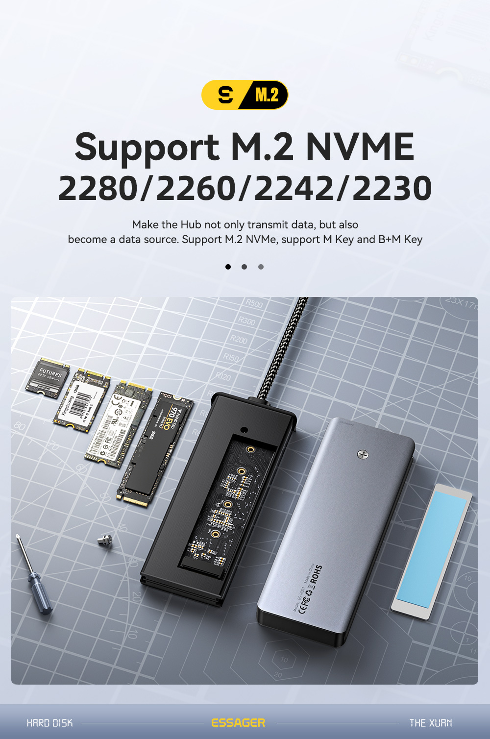 ESSAGER ES-HB01 7v1 hub - SSD disk / slot na SD / TF kartu / 2x USB-C / 2x USB-A na USB-C - tmavě šedý