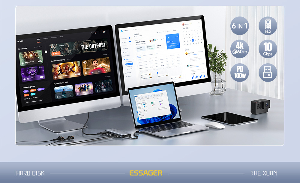 ESSAGER ES-HB01 6v1 hub - SSD disk / HDMI / 2x USB-C / 2x USB-A na USB-C - tmavě šedý