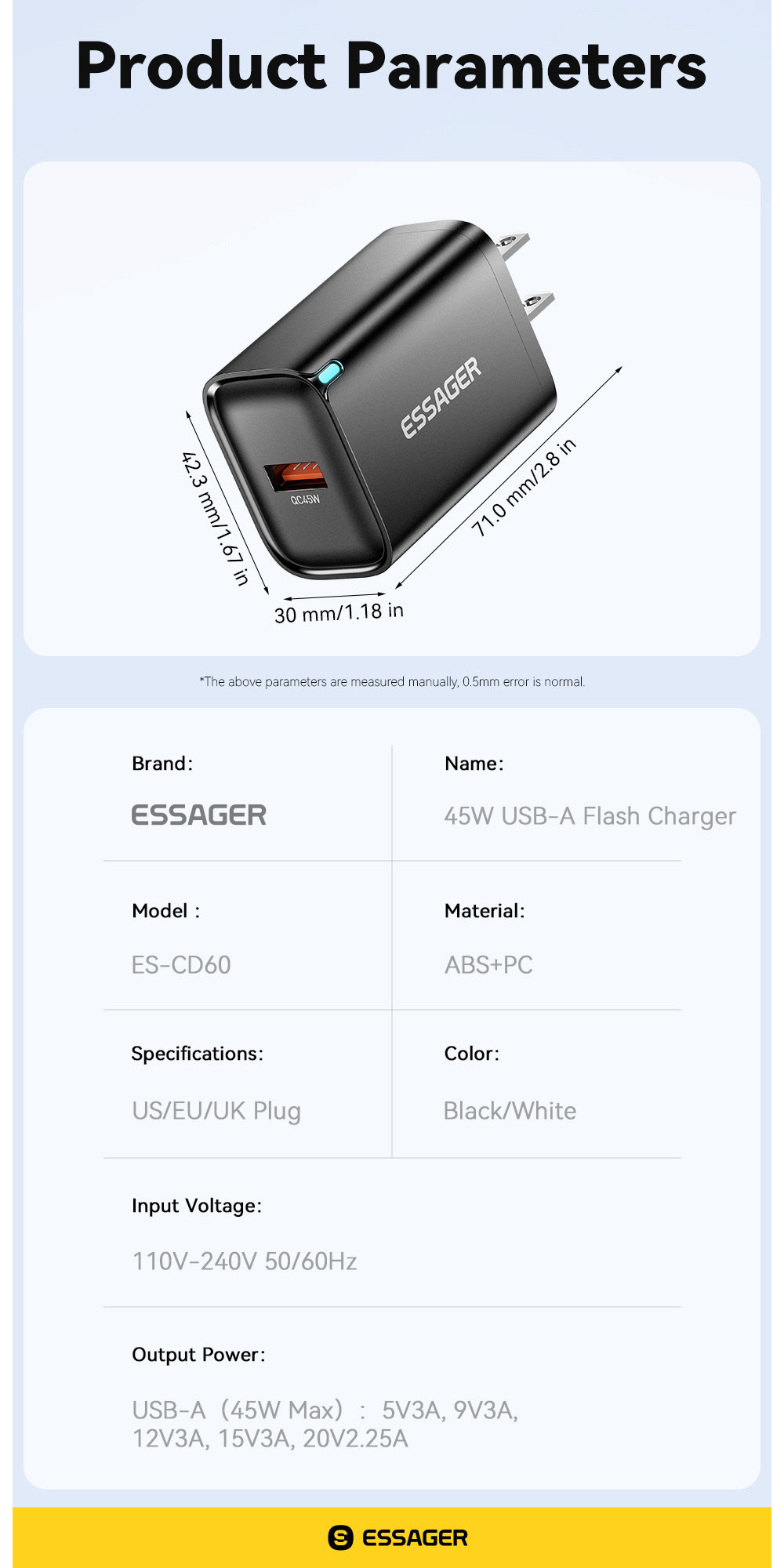 ESSAGER ES-CD60 rychlonabíjecí adaptér s portem USB-A - 45W - bílý ESSAGER ES-CD60 rychlonabíjecí adaptér s portem USB-A - 45W - bílý