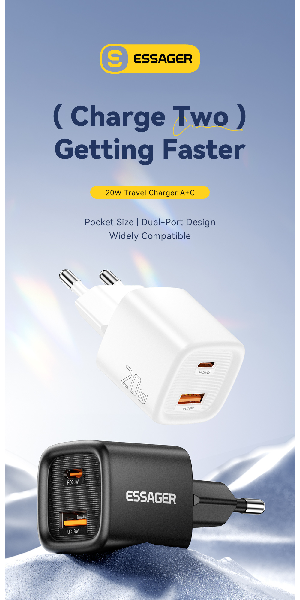 ESSAGER ES-CD54 mini rychlonabíjecí adaptér s porty USB-C / USB-A - 20W - bílý