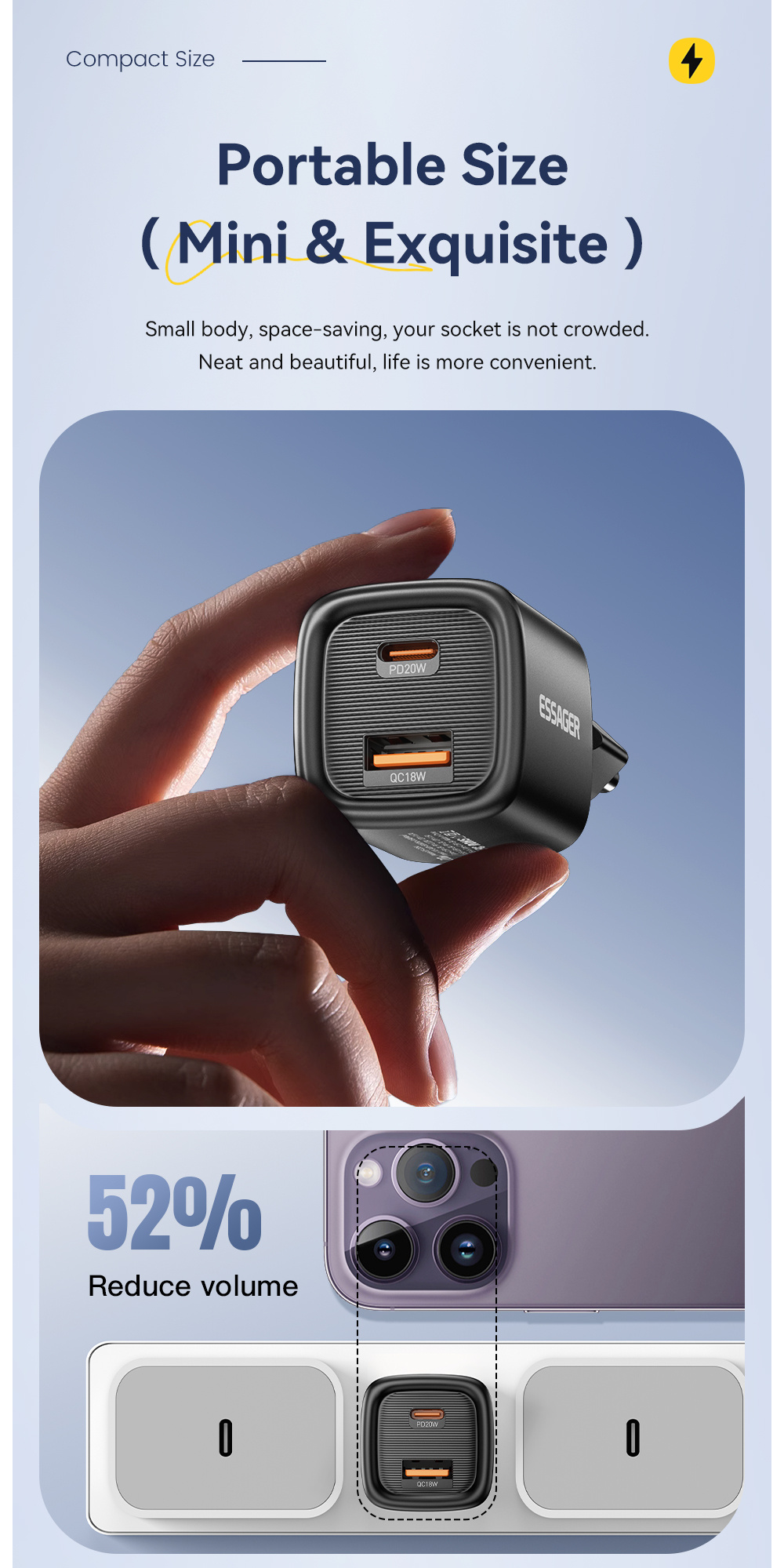 ESSAGER ES-CD54 mini rychlonabíjecí adaptér s porty USB-C / USB-A - 20W - bílý