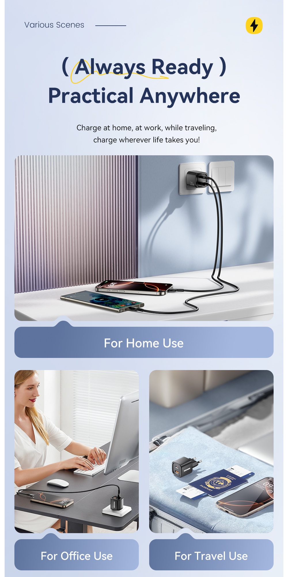 ESSAGER ES-CD54 mini rychlonabíjecí adaptér s porty USB-C / USB-A - 20W - bílý