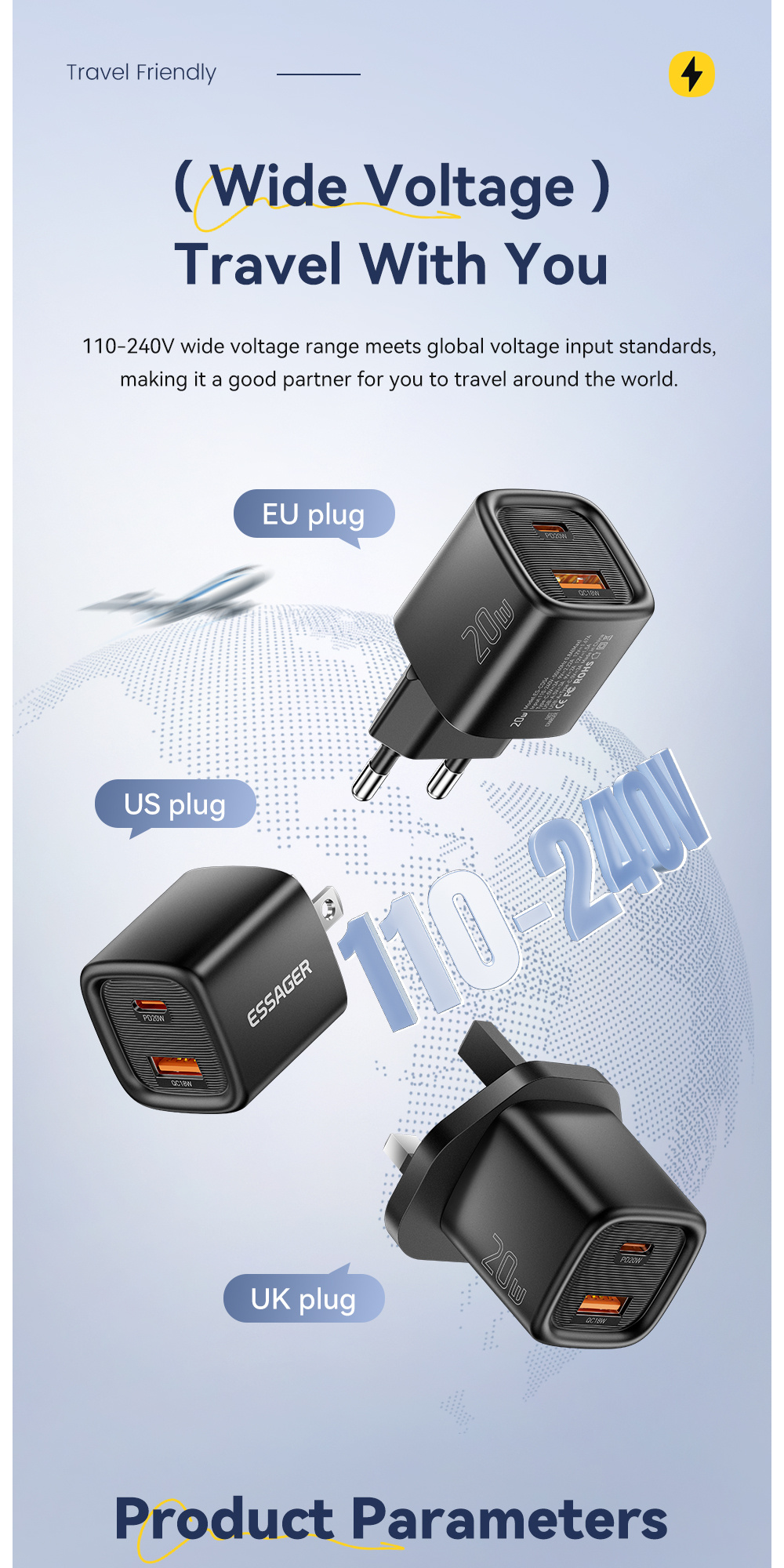ESSAGER ES-CD54 mini rychlonabíjecí adaptér s porty USB-C / USB-A - 20W - bílý
