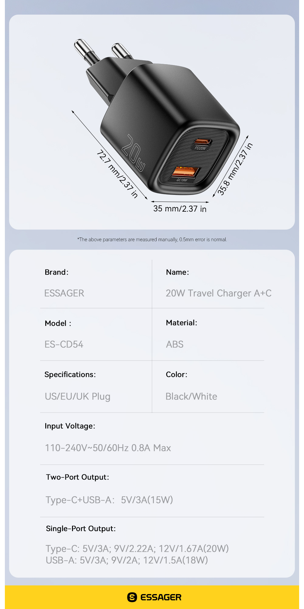 ESSAGER ES-CD54 mini rychlonabíjecí adaptér s porty USB-C / USB-A - 20W - bílý