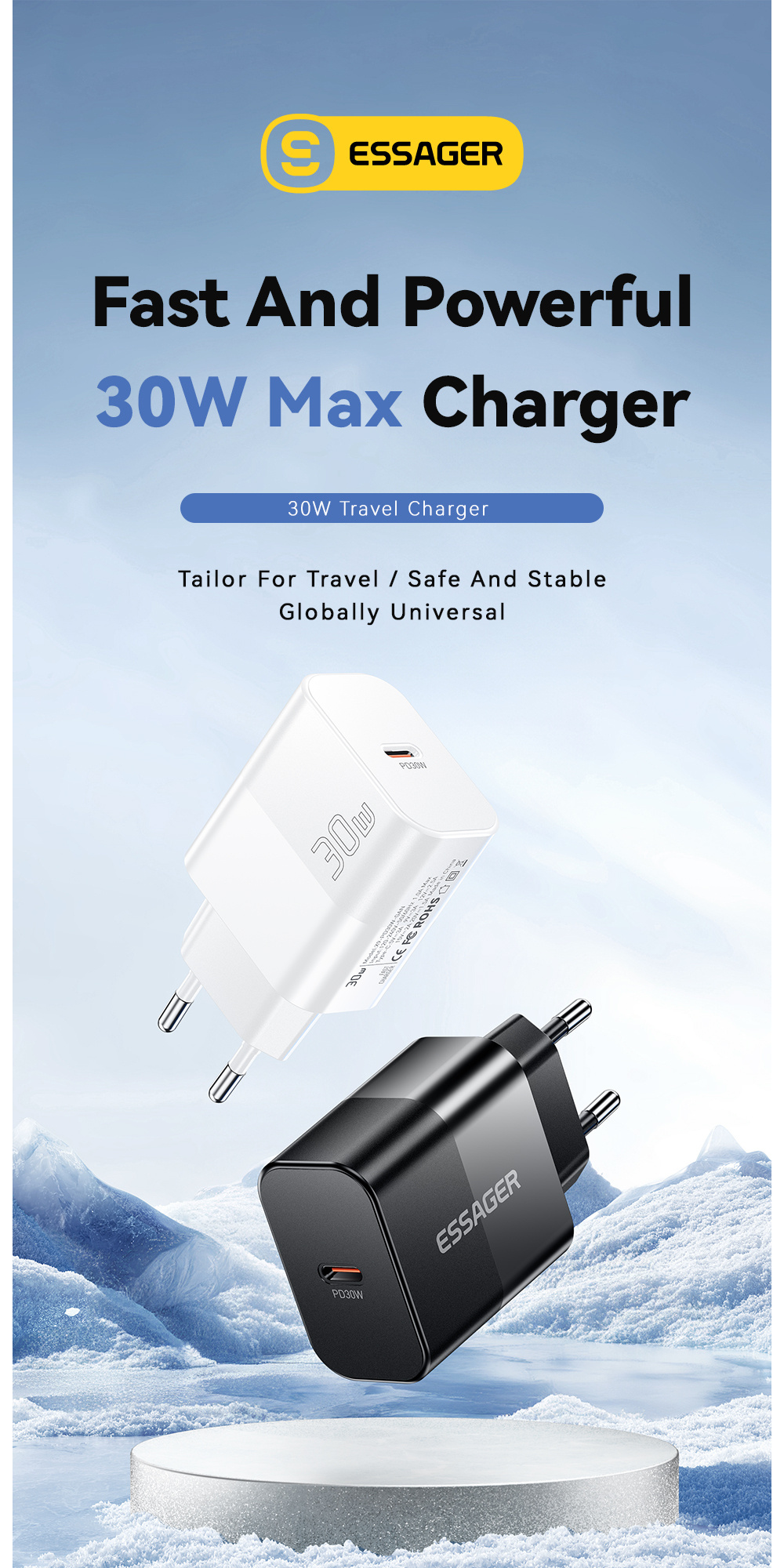 ESSAGER X9 GaN rychlonabíjecí adaptér s portem USB-C - 30W - černý