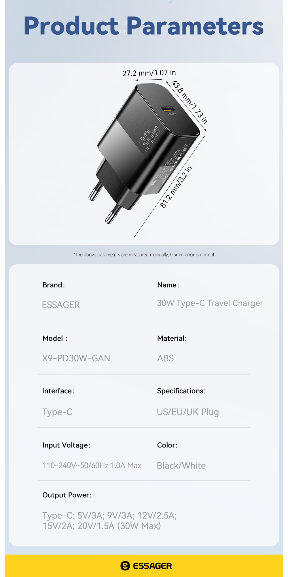 ESSAGER X9 GaN rychlonabíjecí adaptér s portem USB-C - 30W - černý