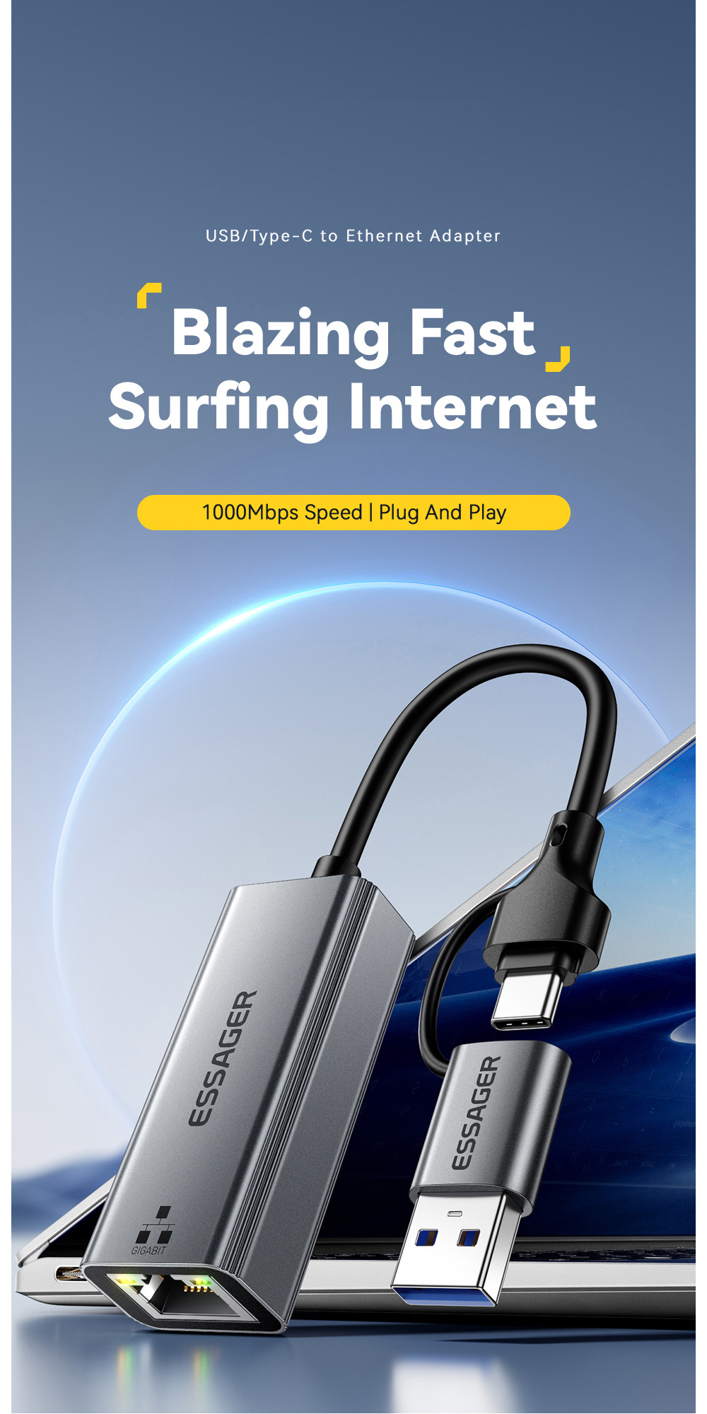 ESSAGER 2v1 ethernet redukce - RJ45 na USB-C / USB-A - šedá