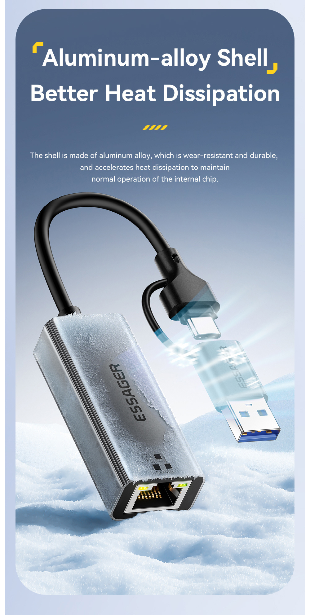 ESSAGER 2v1 ethernet redukce - RJ45 na USB-C / USB-A - šedá
