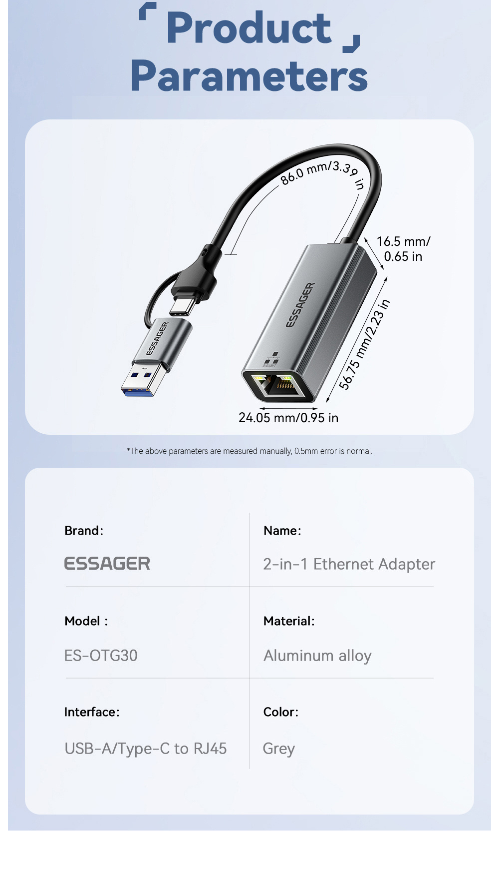 ESSAGER 2v1 ethernet redukce - RJ45 na USB-C / USB-A - šedá
