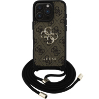 Guess 4G Metal Logo Crossbody kryt se šňůrkou pro iPhone 16 Pro - hnědý