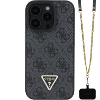 Guess 4G Strass Triangle Metal Logo kryt s popruhem pro iPhone 16 Pro - šedý