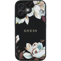 Guess Grained Magnolia kryt se vzorem květin a MagSafe pro iPhone 16 - černý