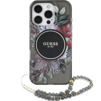 Guess IML Flowers Pearl Strap kryt s poutkem a MagSafe pro iPhone 16 Pro Max - šedý