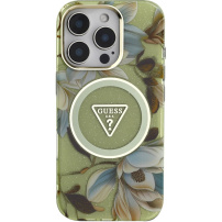 Guess IML Glitter Magnolia and Triangle Logo kryt s MagSafe pro iPhone 16 Pro - zelený