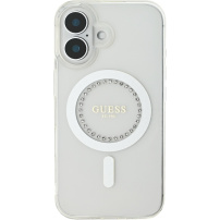 Guess IML Rhinestones Ring kryt s MagSafe pro iPhone 16 - čirý