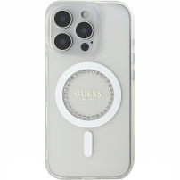 Guess IML Rhinestones Ring kryt s MagSafe pro iPhone 16 Pro - čirý