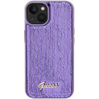Guess Sequin Script Logo kryt s flitry pro iPhone 15 Plus - fialový