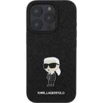 Karl Lagerfeld Fixed Glitter Metal Ikonik třpytivý kryt pro iPhone 16 Pro - černý