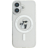Karl Lagerfeld IML Glitter Karl and Choupette třpytivý kryt s MagSafe pro iPhone 16 - stříbrný
