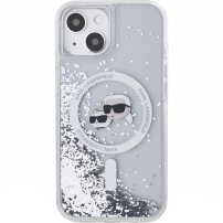 Karl Lagerfeld Liquid Glitter Karl and Choupette Heads kryt s MagSafe pro iPhone 15 - stříbrný