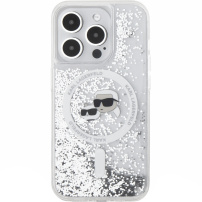 Karl Lagerfeld Liquid Glitter Karl and Choupette Heads kryt s MagSafe pro iPhone 15 Pro - stříbrný