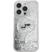 Karl Lagerfeld Liquid Glitter Karl and Choupette Heads kryt s MagSafe pro iPhone 16 Pro Max - stříbrný