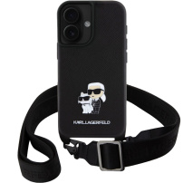 Karl Lagerfeld Saffiano Crossbody Metal Karl and Choupette kryt s nastavitelným popruhem pro iPhone 16 Plus - černý