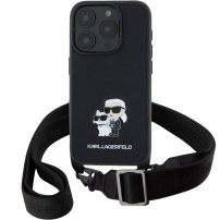 Karl Lagerfeld Saffiano Crossbody Metal Karl and Choupette kryt s nastavitelným popruhem pro iPhone 16 Pro - černý