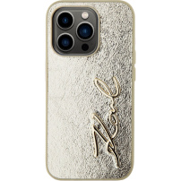 Karl Lagerfeld Wrinkled Signature Logo metalický kryt pro iPhone 15 Pro - zlatý