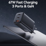 USAMS CC265 GaN rychlonabíjecí adaptér s porty 2x USB-C / USB-A - 67W - bílý