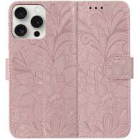 Flipové pouzdro se vzorem krajky pro iPhone 15 Pro Max - růžové