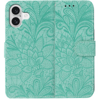 Flipové pouzdro se vzorem krajky pro iPhone 16 Plus - tyrkysové