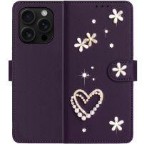 Flipové pouzdro s perličkami a kamínky pro iPhone 16 Pro - fialové