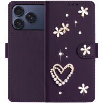 Flipové pouzdro s perličkami a kamínky pro iPhone 17 Pro / 18 Pro - fialové