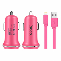 HOCO nabíječka do auta se dvěma USB porty + lightning konektor pro Apple iPhone / iPad / iPod - růžová