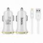 HOCO nabíječka do auta se dvěma USB porty + lightning konektor pro Apple iPhone / iPad / iPod - bílá