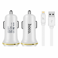 HOCO nabíječka do auta se dvěma USB porty + lightning konektor pro Apple iPhone / iPad / iPod - bílá